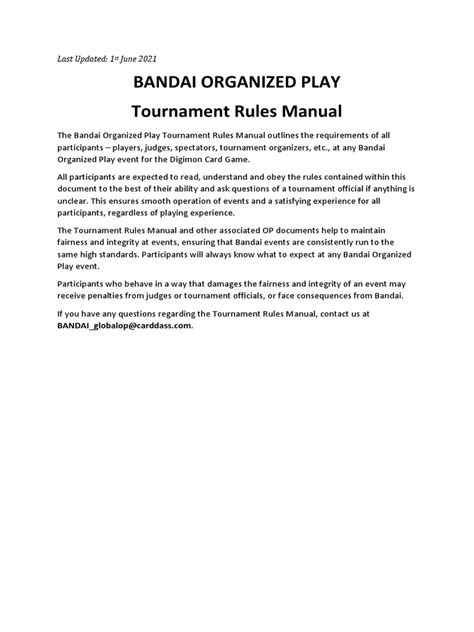 Bandai Organized Play Tournament Rules Manual: Last Updated: .